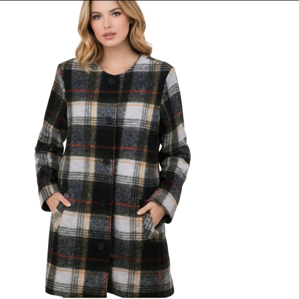 Nanette Lepore NWOT Wool Blend Plaid Collarless Coat Size M